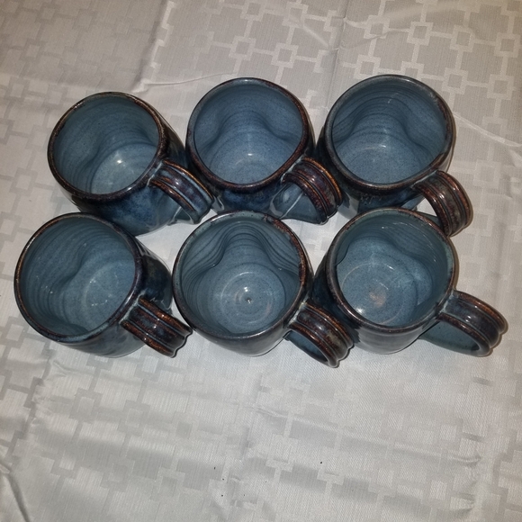 Pottery mugs  blue with drip set of 6 - Picture 2 of 10